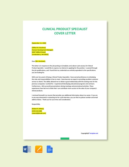 Clinical Product Specialist Cover Letter