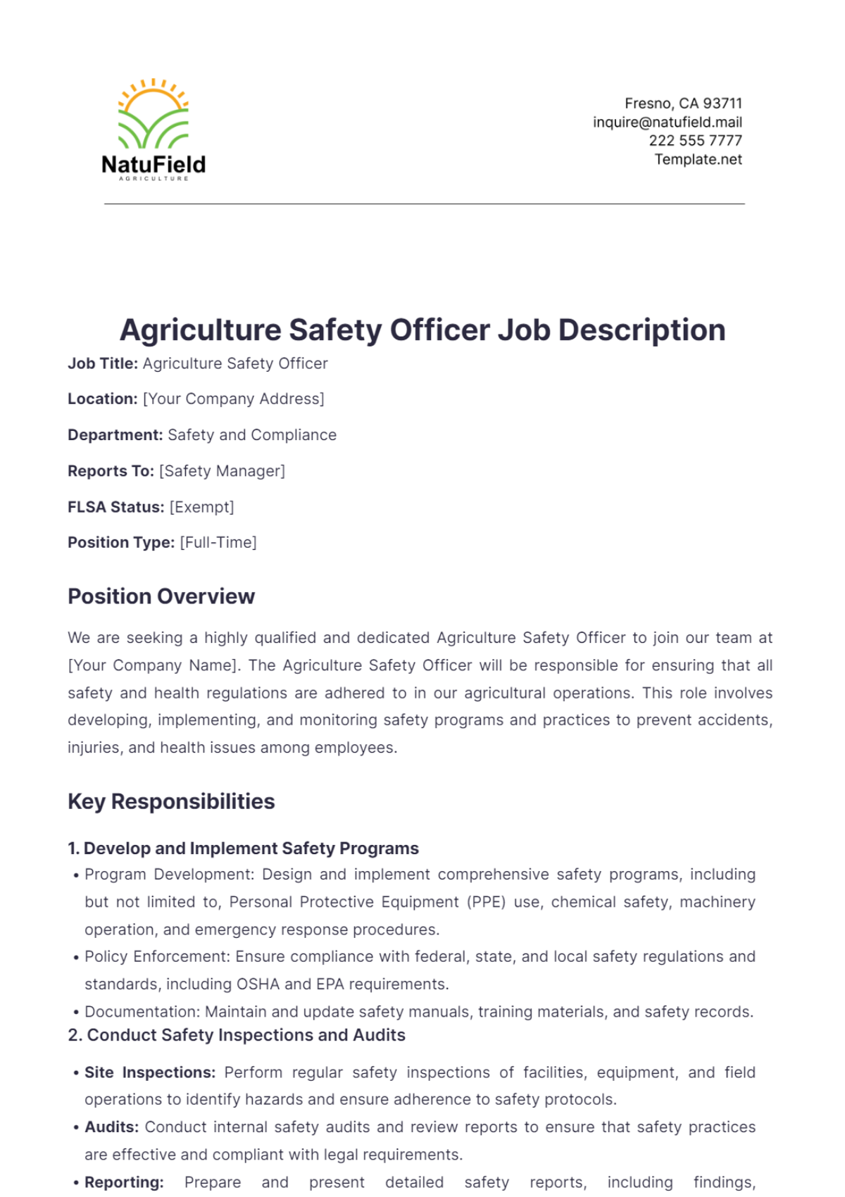 Agriculture Safety Officer Job Description Template - Edit Online & Download