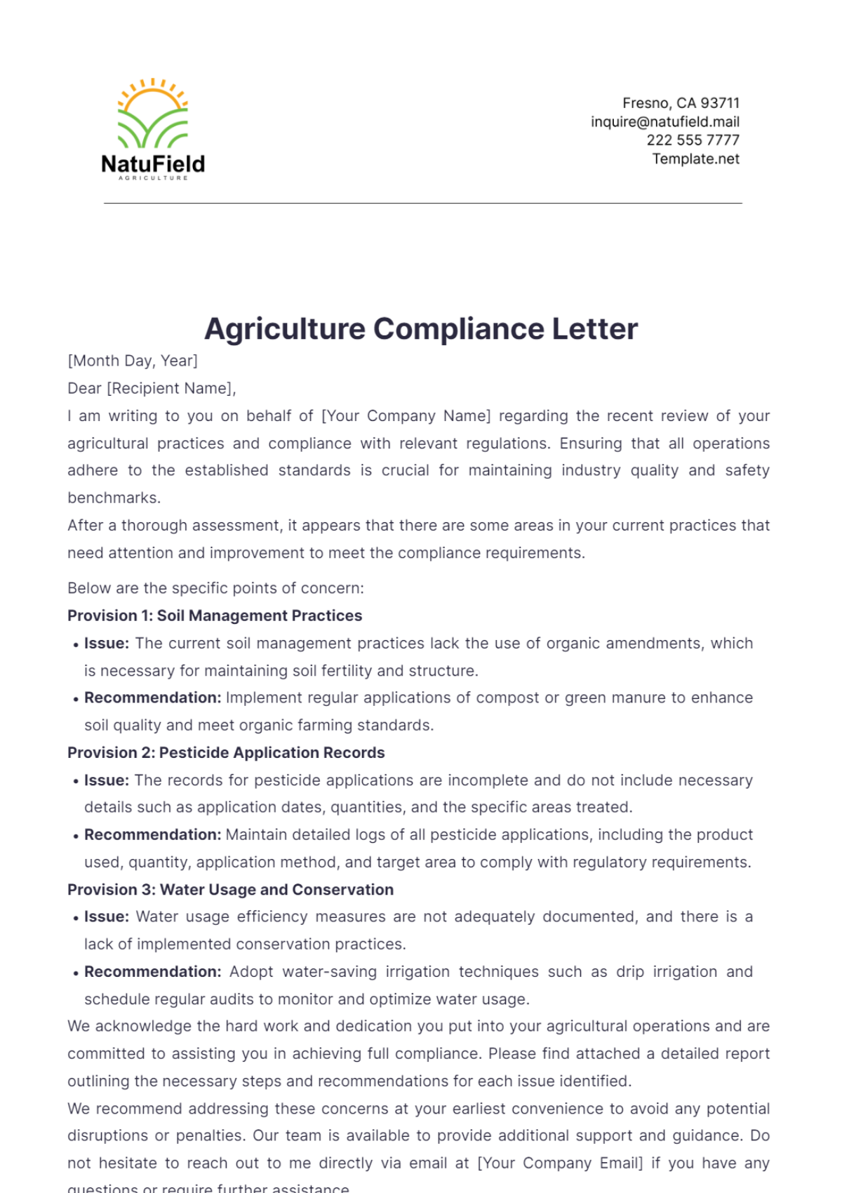 Agriculture Compliance Letter Template