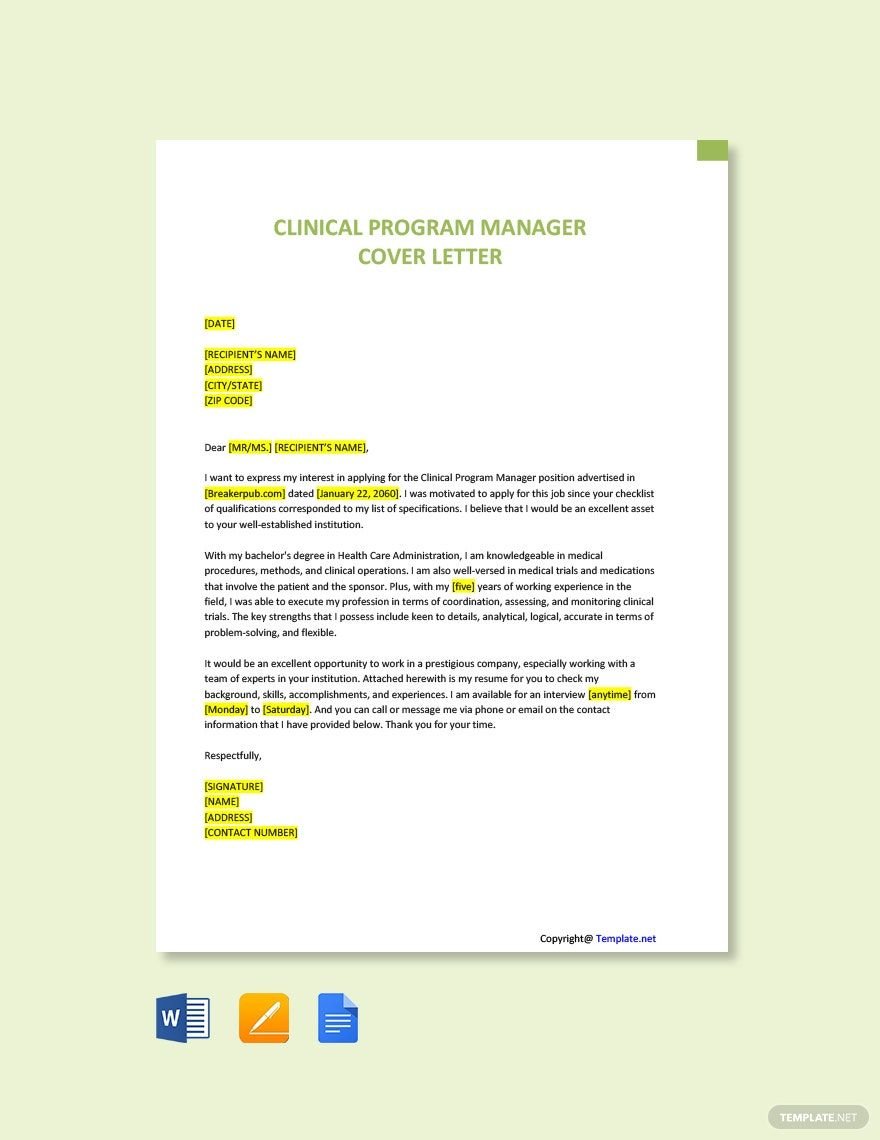 Free Clinical Program Manager Cover Letter Template
