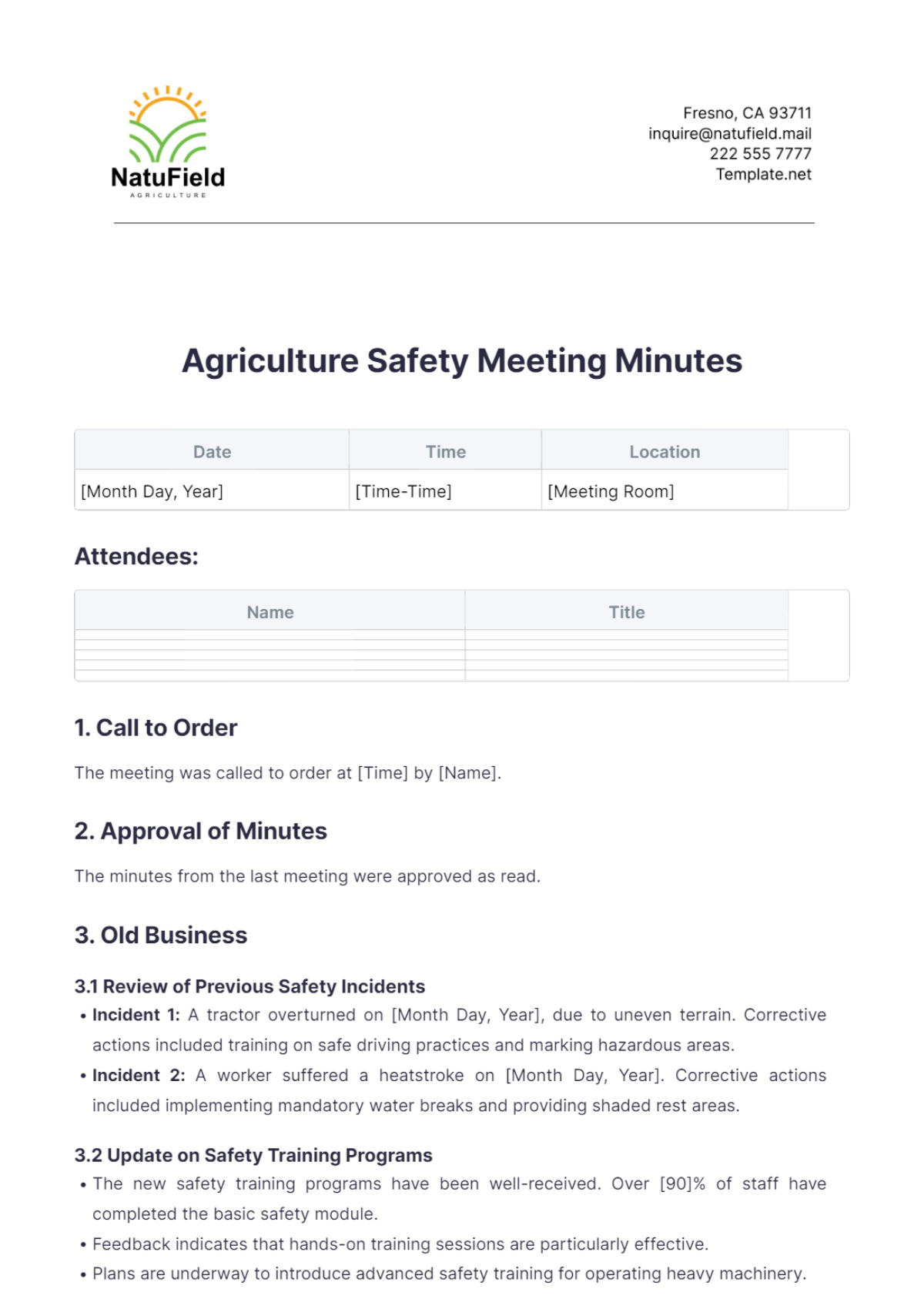 Agriculture Safety Meeting Minutes Template