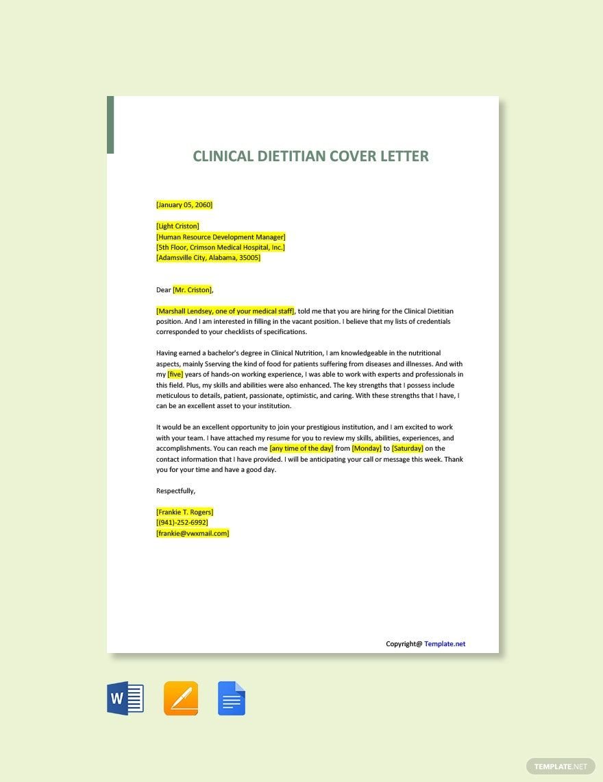 Free Clinical Dietitian Cover Letter Template