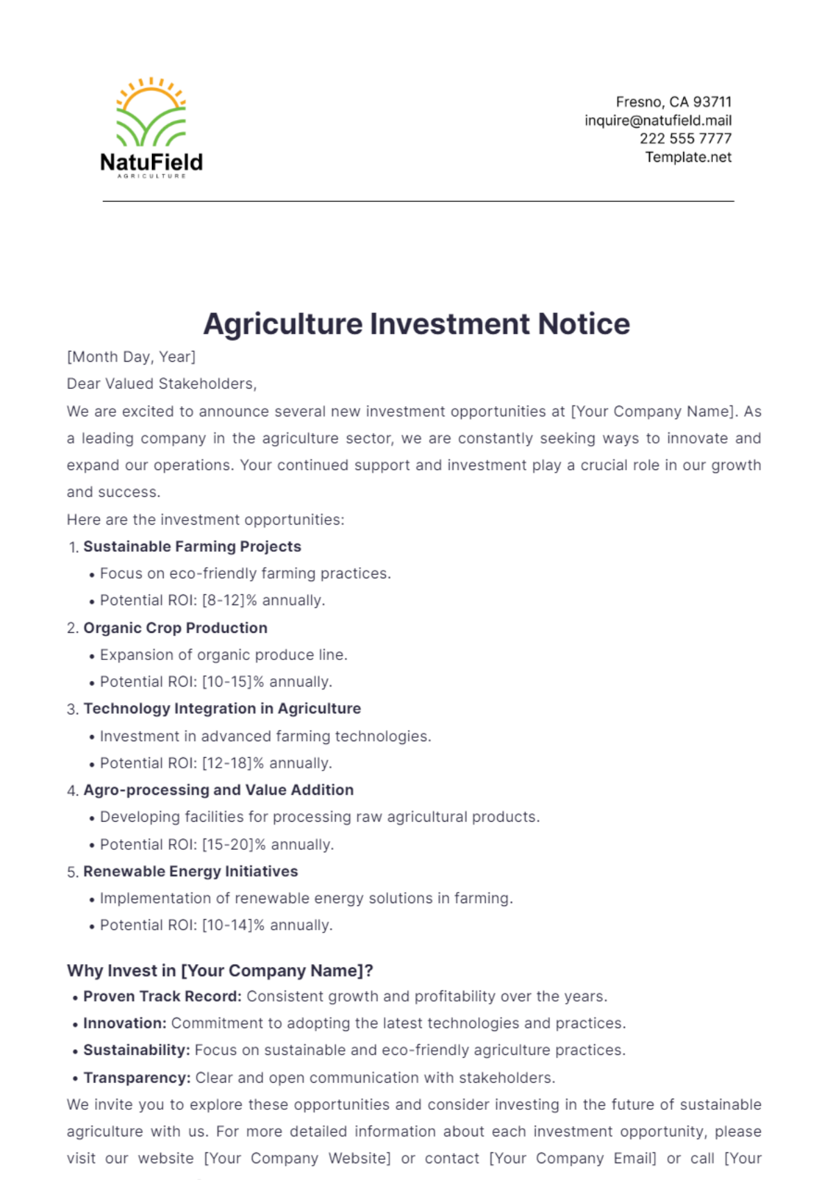 Agriculture Investment Notice Template