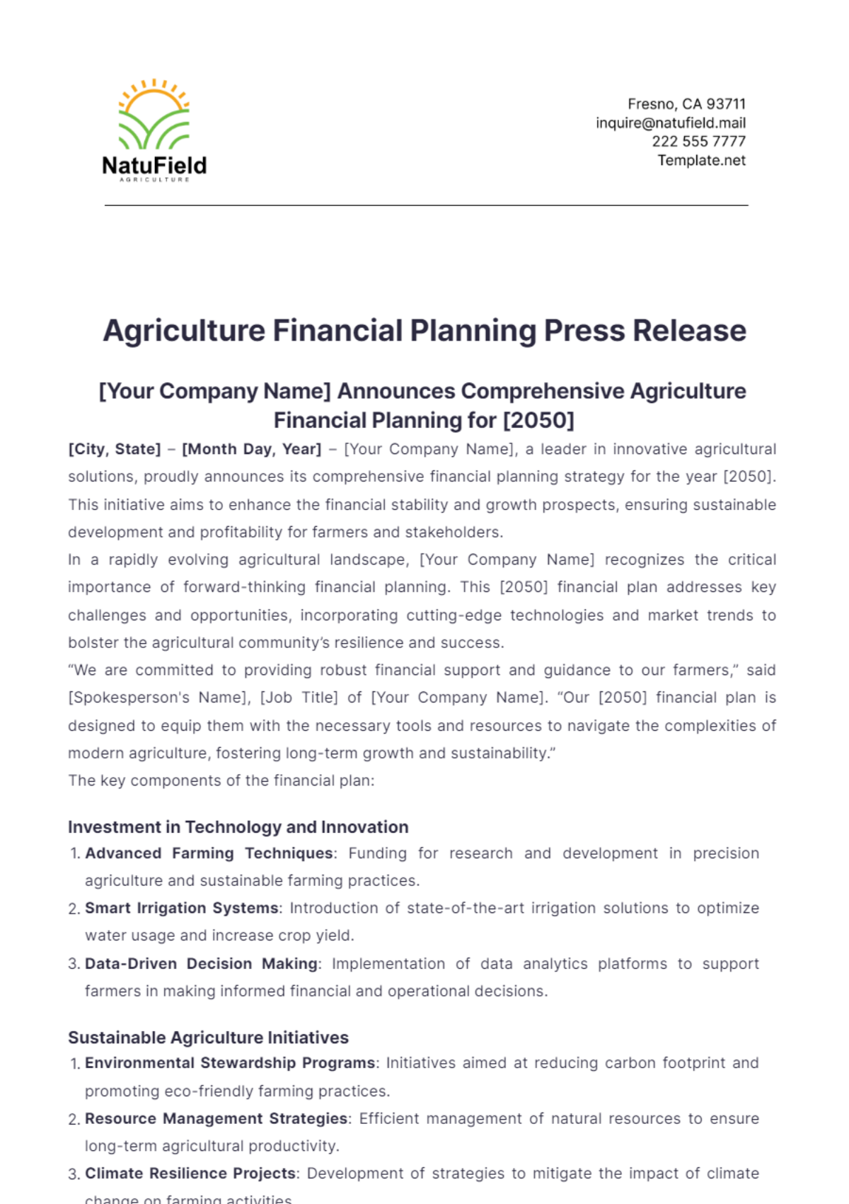 Agriculture Financial Planning Press Release Template - Edit Online & Download