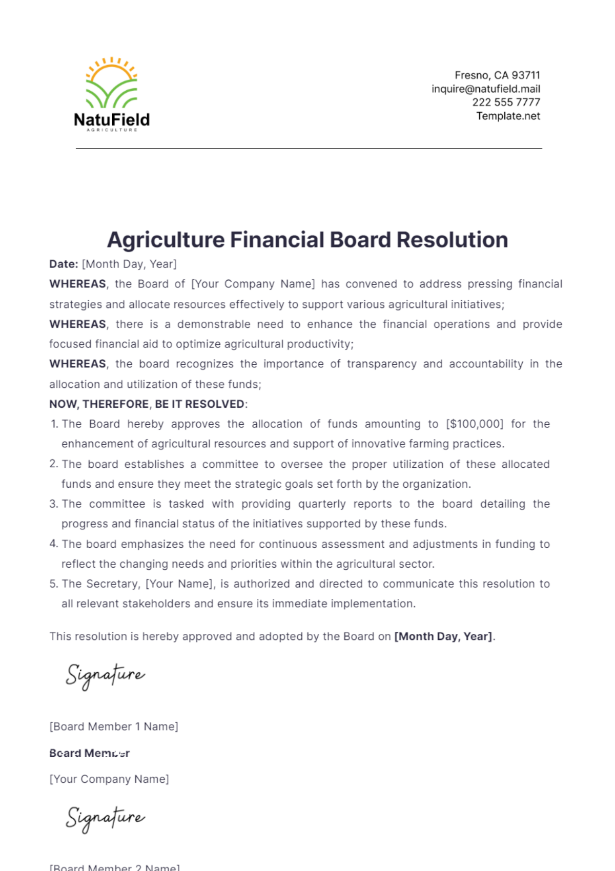 Agriculture Financial Board Resolution Template