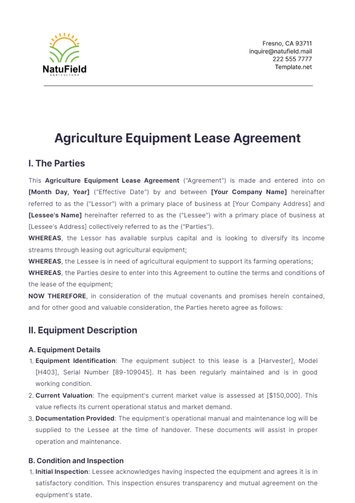 Agriculture Equipment Lease Agreement Template - Edit Online & Download