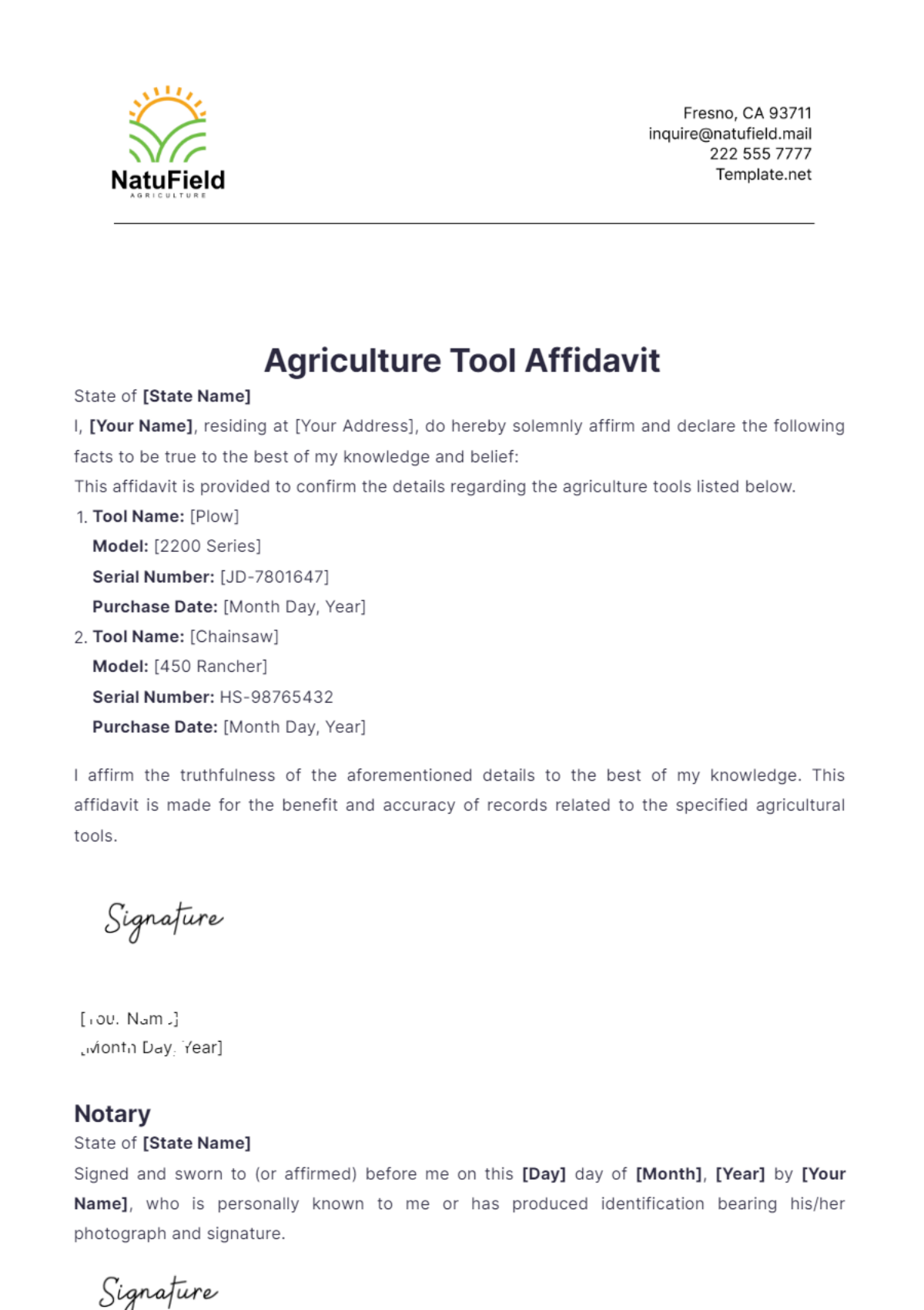 Agriculture Tool Affidavit Template - Edit Online & Download