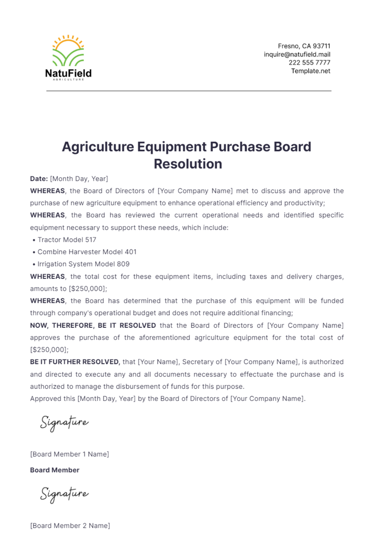 Agriculture Equipment Purchase Board Resolution Template - Edit Online & Download