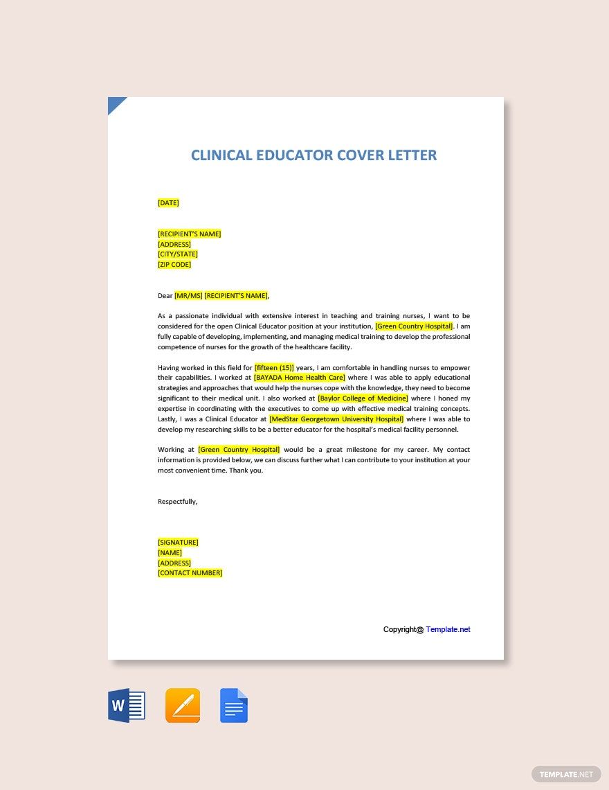 Free Clinical Educator Cover Letter Template