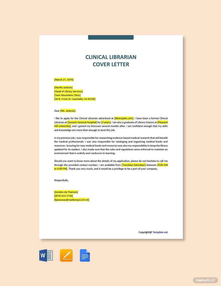 Free Clinical Librarian Cover Letter Template