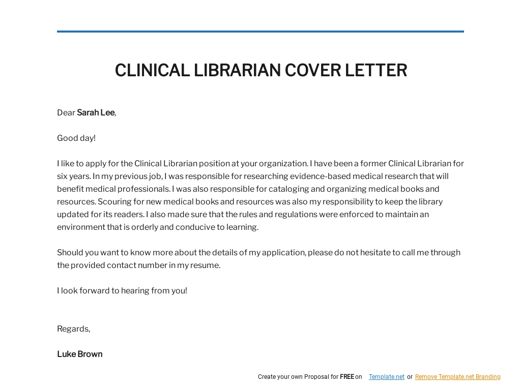 Free Clinical Librarian Cover Letter Template.jpe