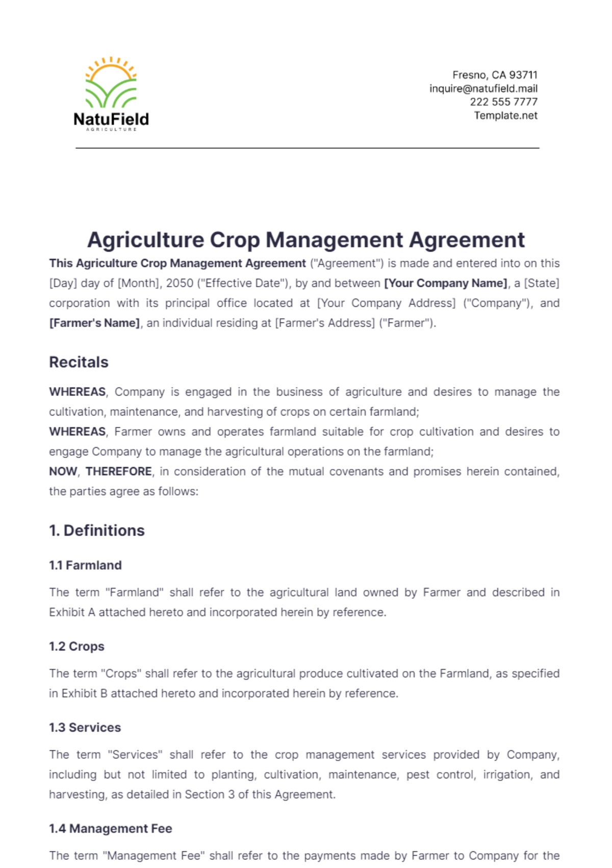 Agriculture Crop Management Agreement Template