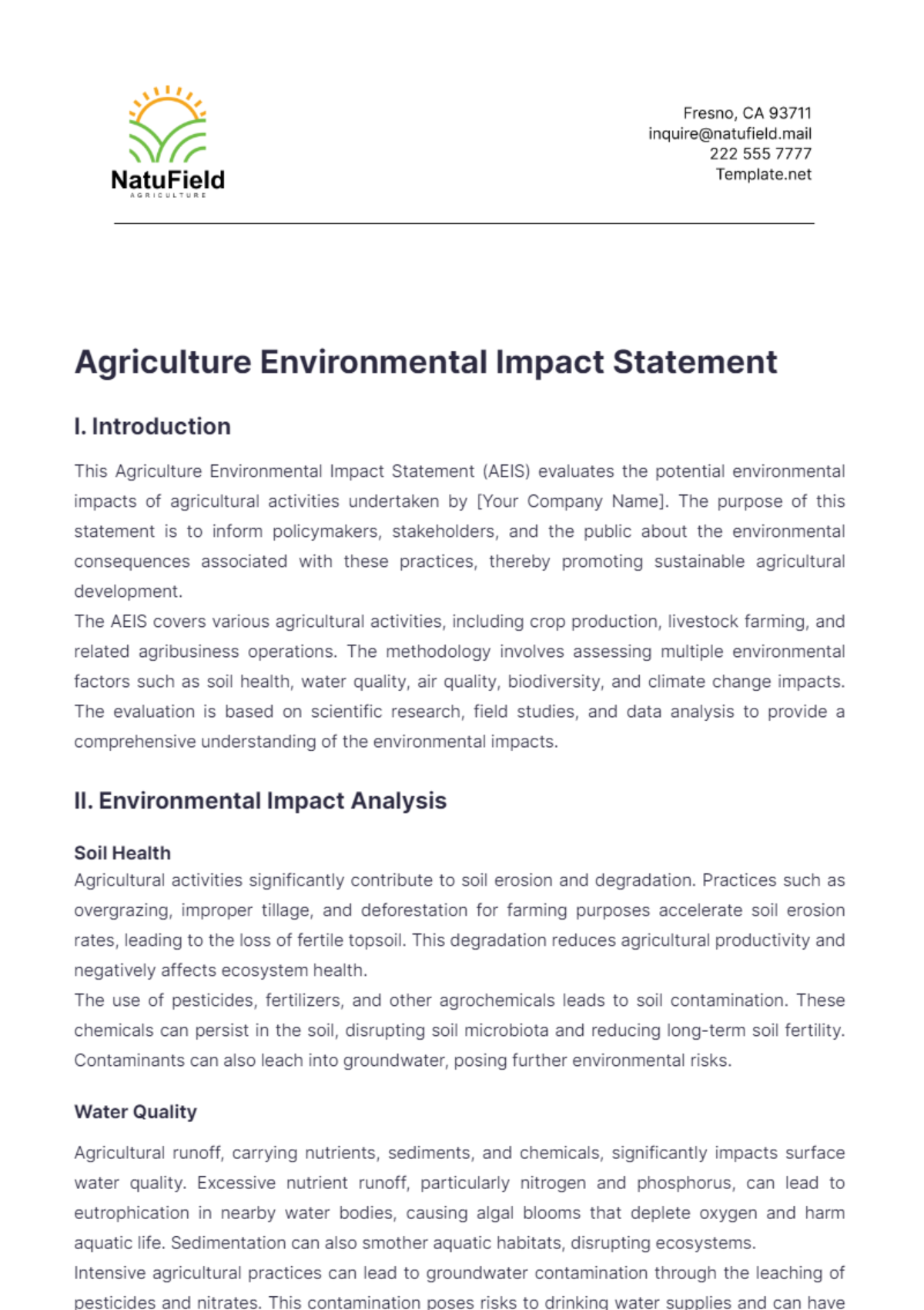 Agriculture Environmental Impact Statement Template - Edit Online & Download