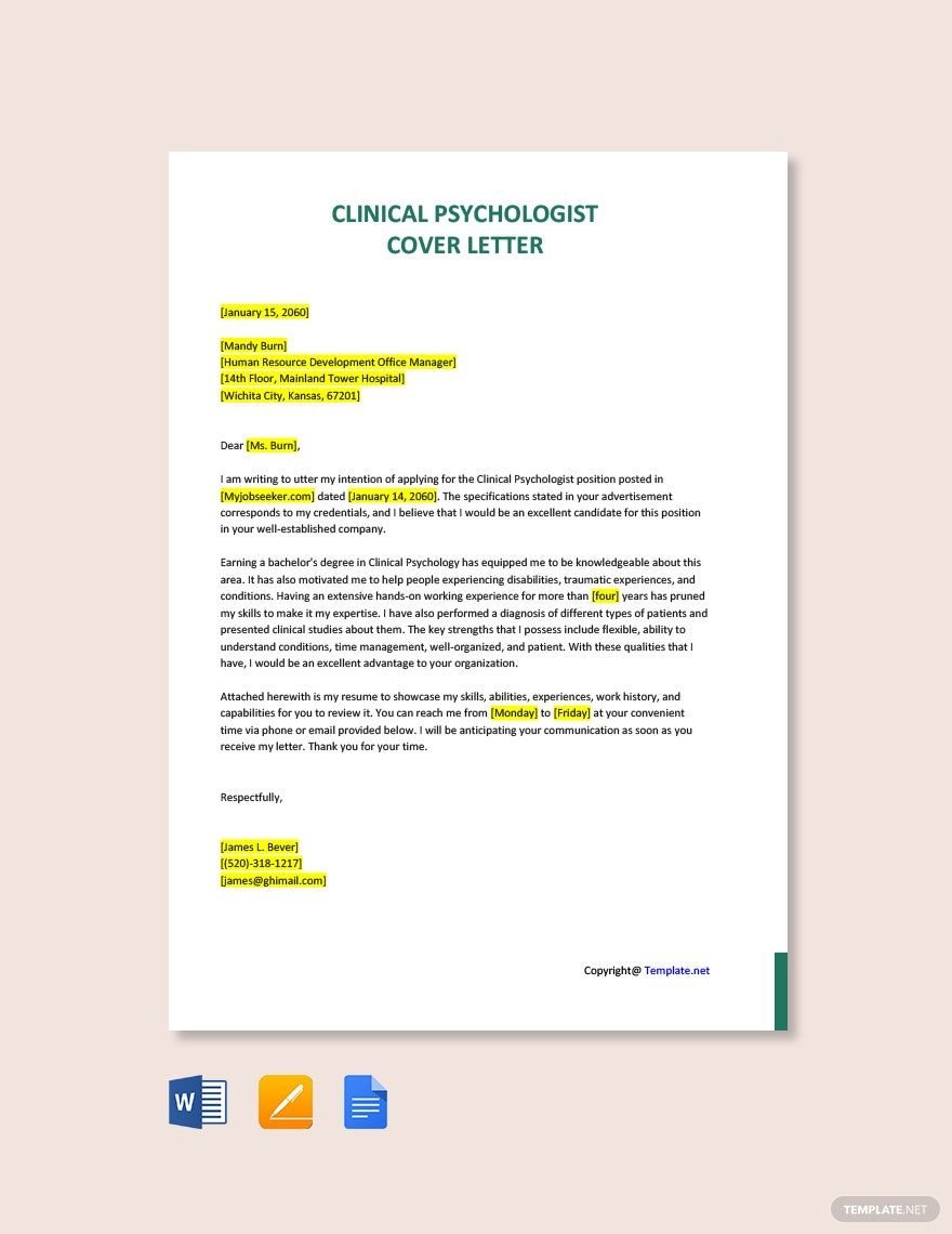 Clinical Psychologist Cover Letter Template in Word, Google Docs, PDF, Apple Pages