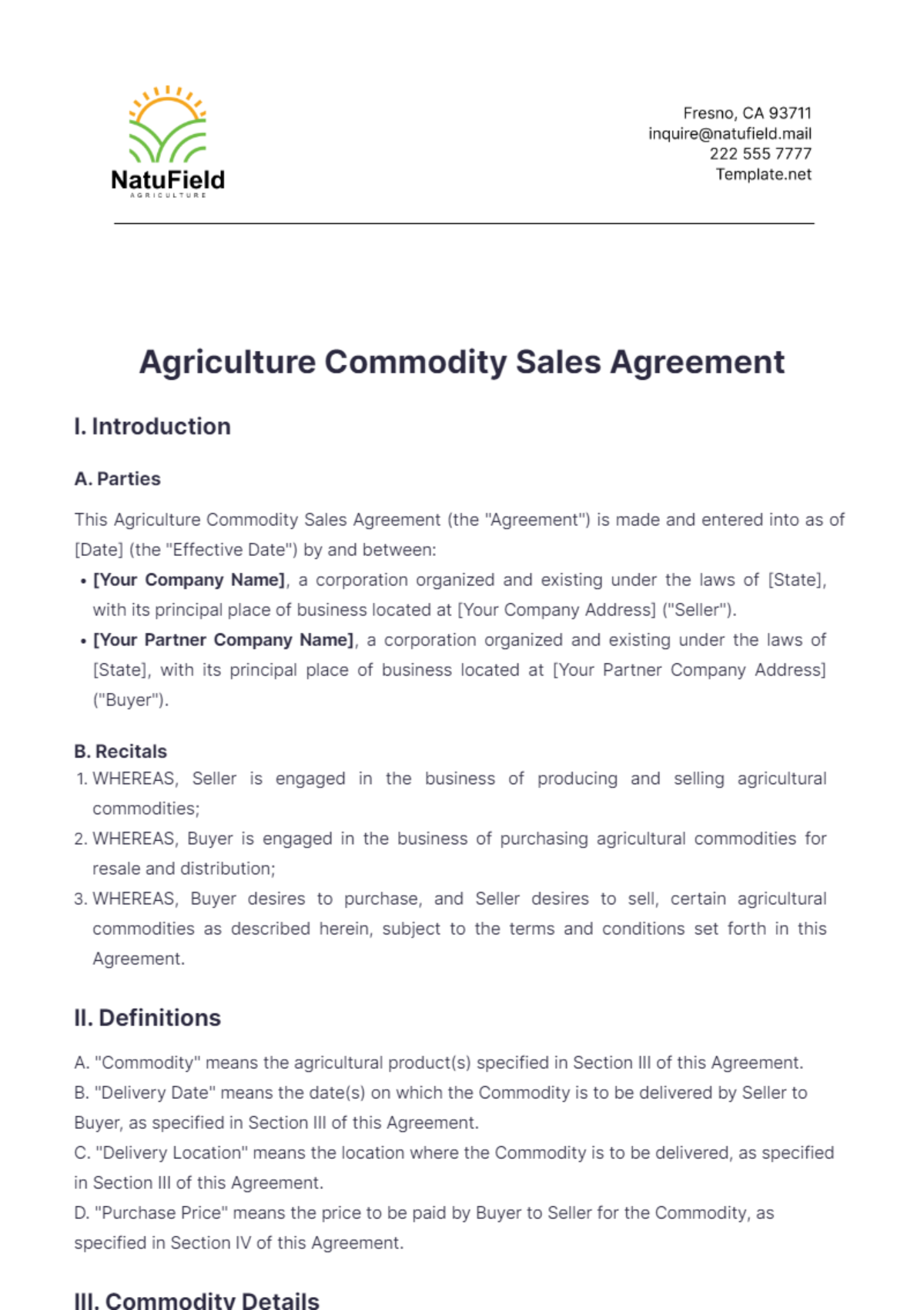 Agriculture Commodity Sales Agreement Template - Edit Online & Download