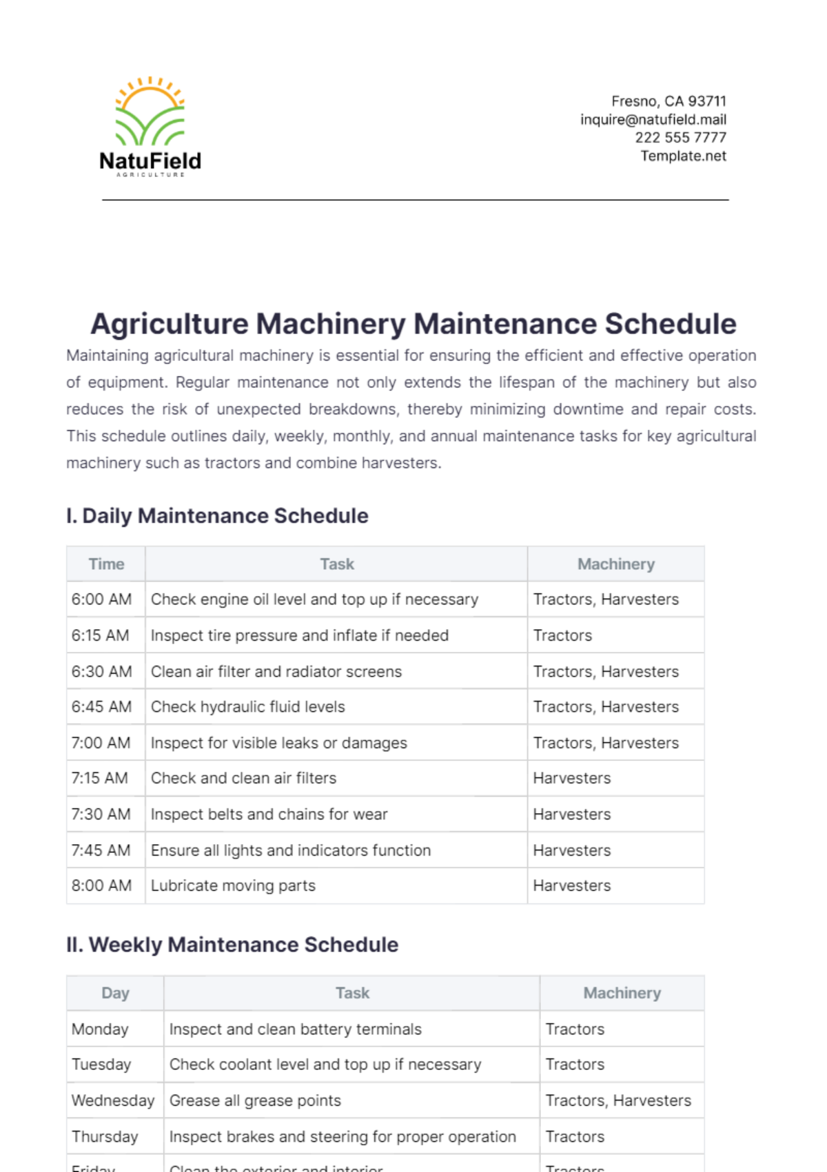 Agriculture Machinery Maintenance Schedule Template - Edit Online & Download