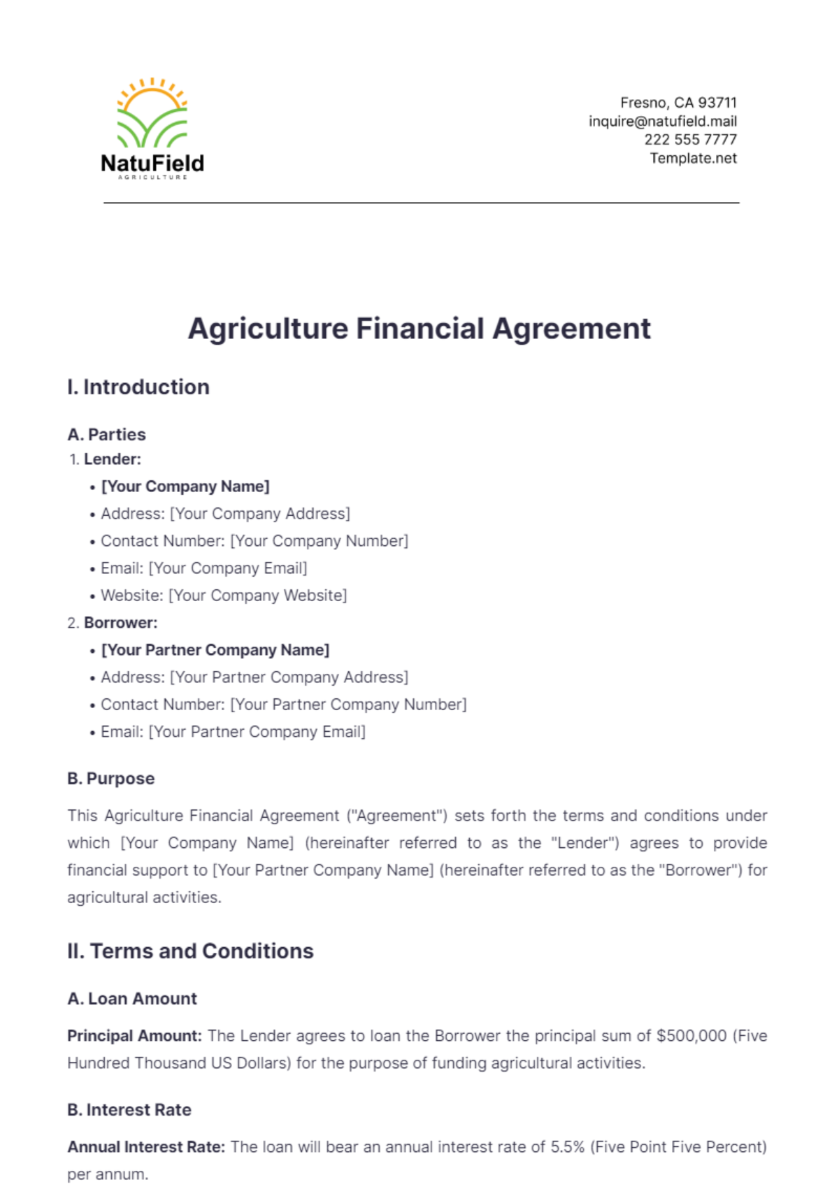 Agriculture Financial Agreement Template - Edit Online & Download