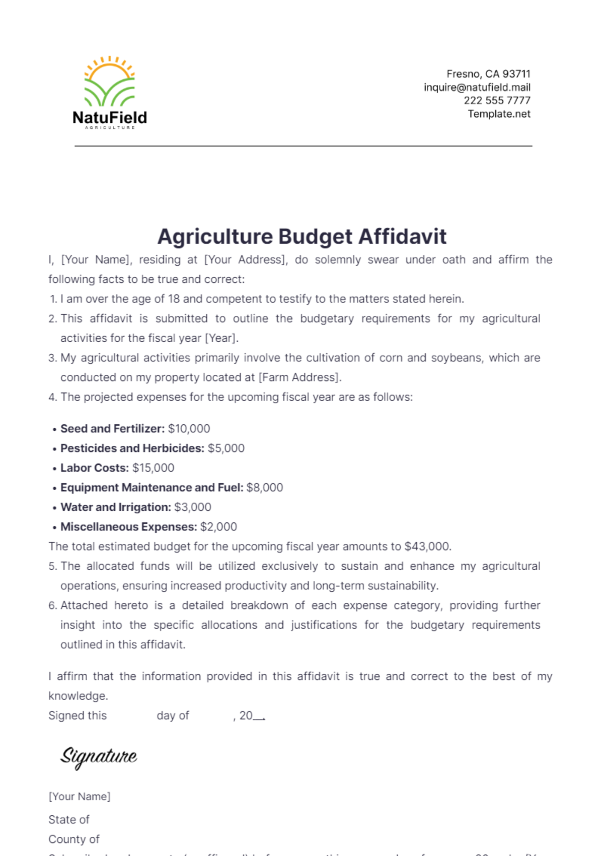 Agriculture Budget Affidavit Template - Edit Online & Download