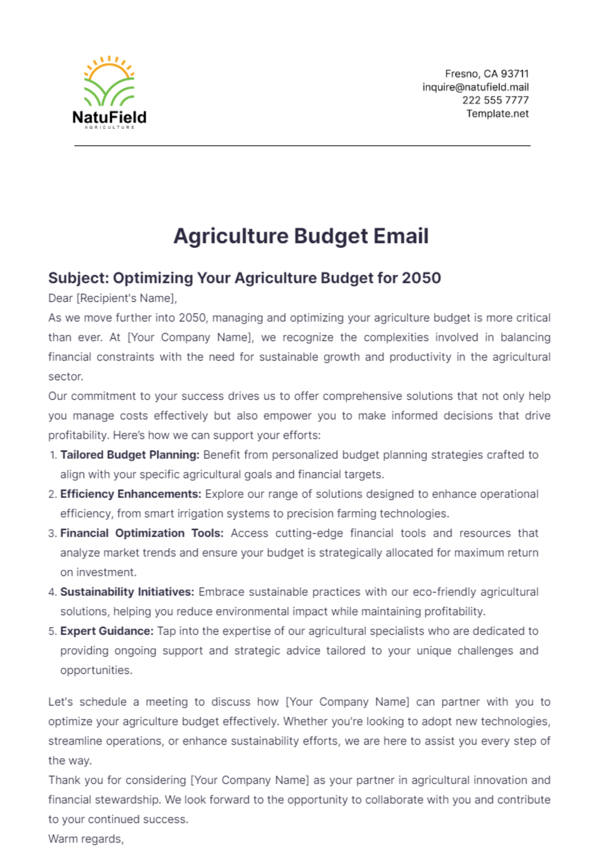 Agriculture Budget Email Template