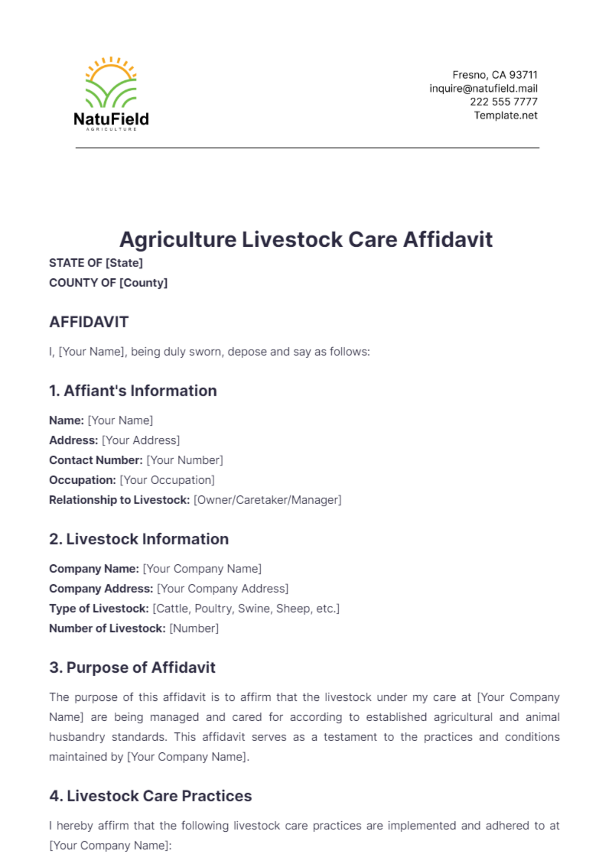 Agriculture Livestock Care Affidavit Template - Edit Online & Download