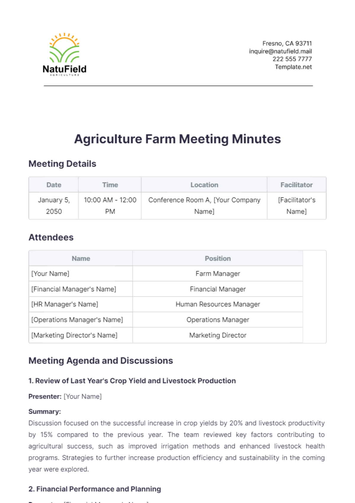 Agriculture Farm Meeting Minutes Template