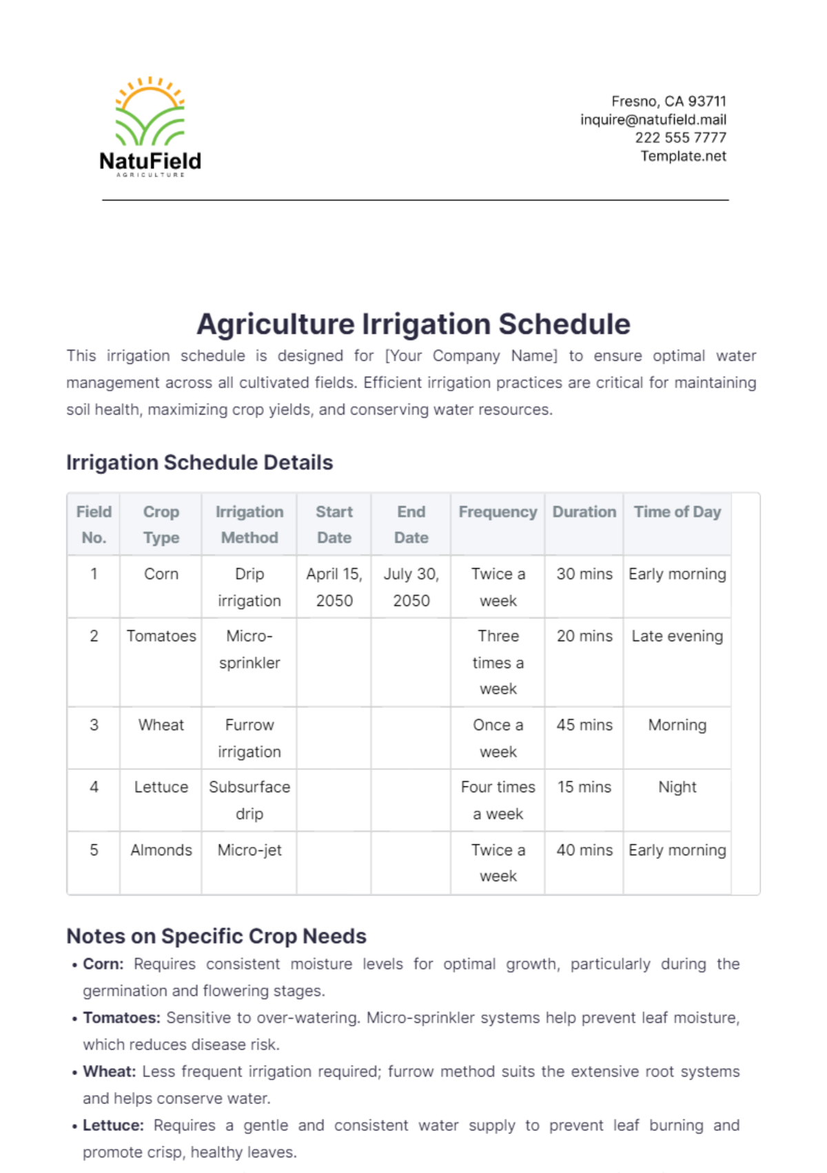 Agriculture Irrigation Schedule Template - Edit Online & Download