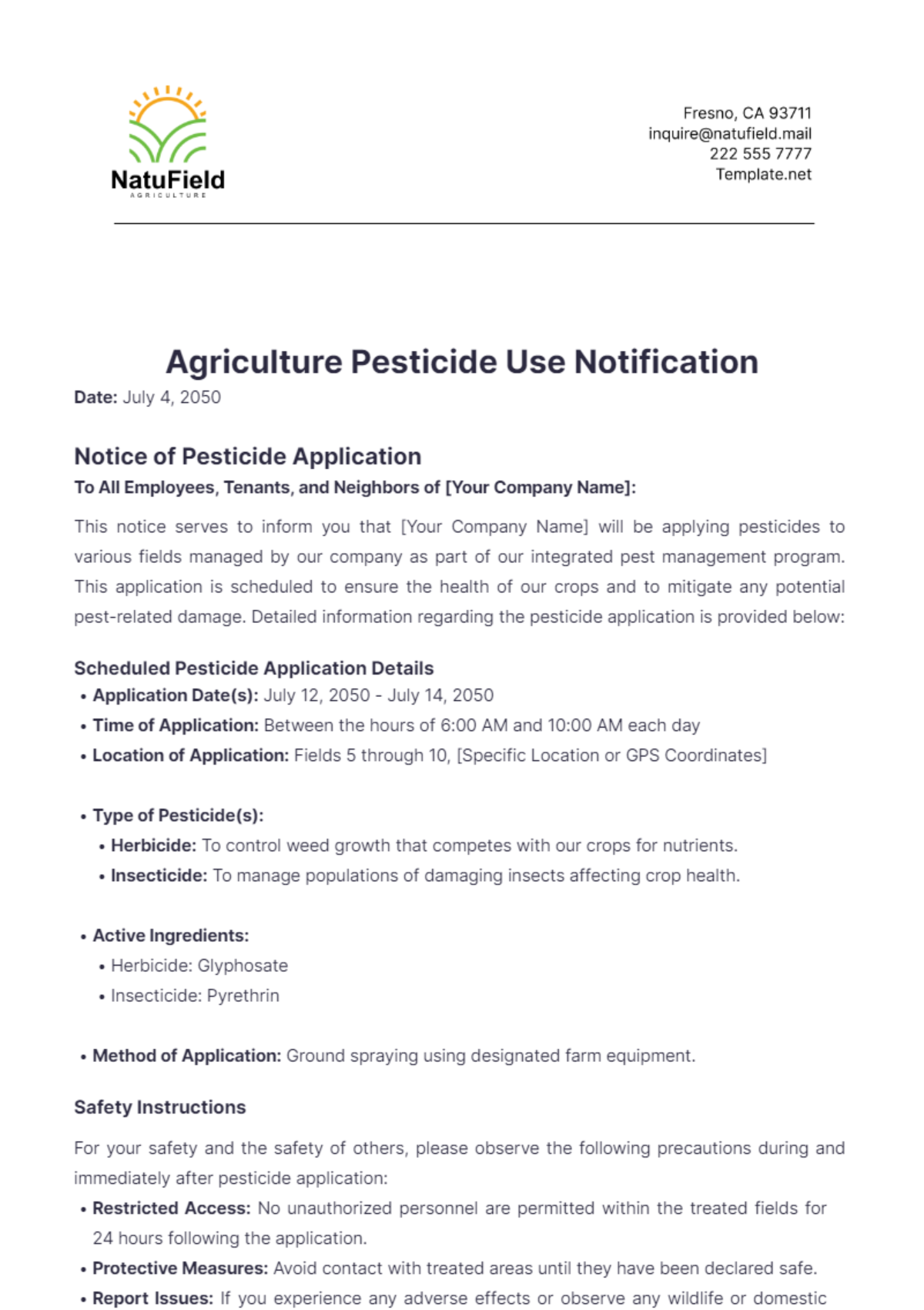 Agriculture Pesticide Use Notification Template