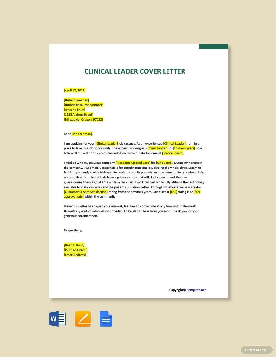 Free Clinical Leader Cover Letter Template