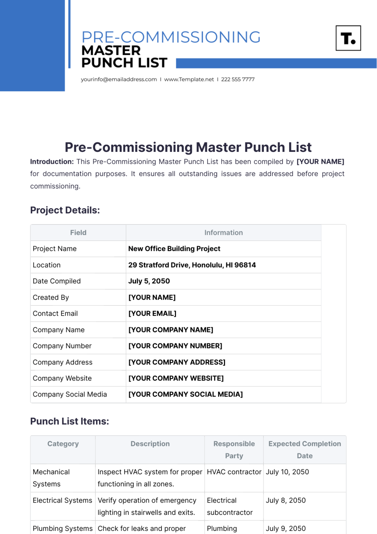 Pre-Commissioning Master Punch List Template