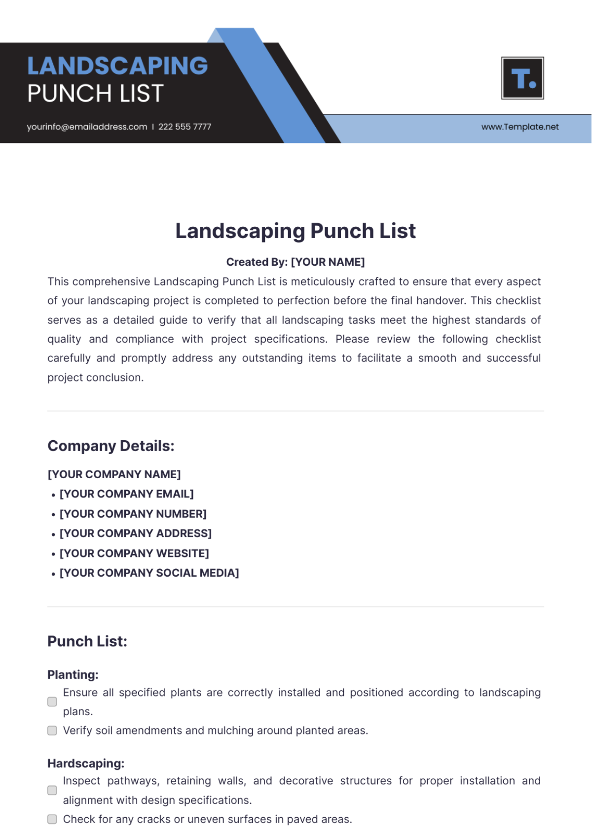 Landscaping Punch List Template