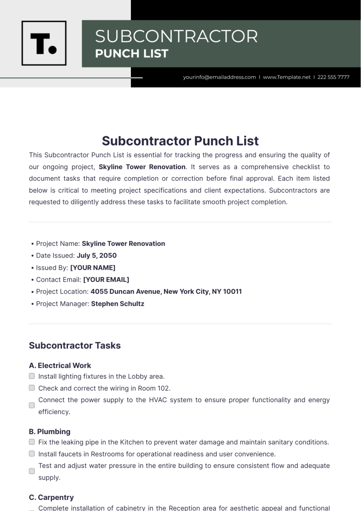 Subcontractor Punch List Template