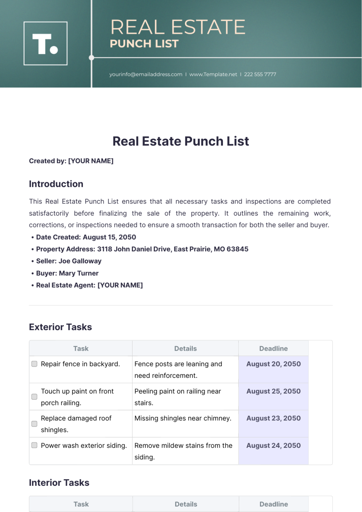 Real Estate Punch List Template