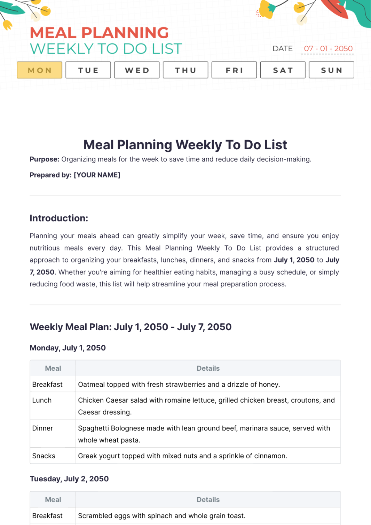 Meal Planning Weekly To Do List Template - Edit Online & Download