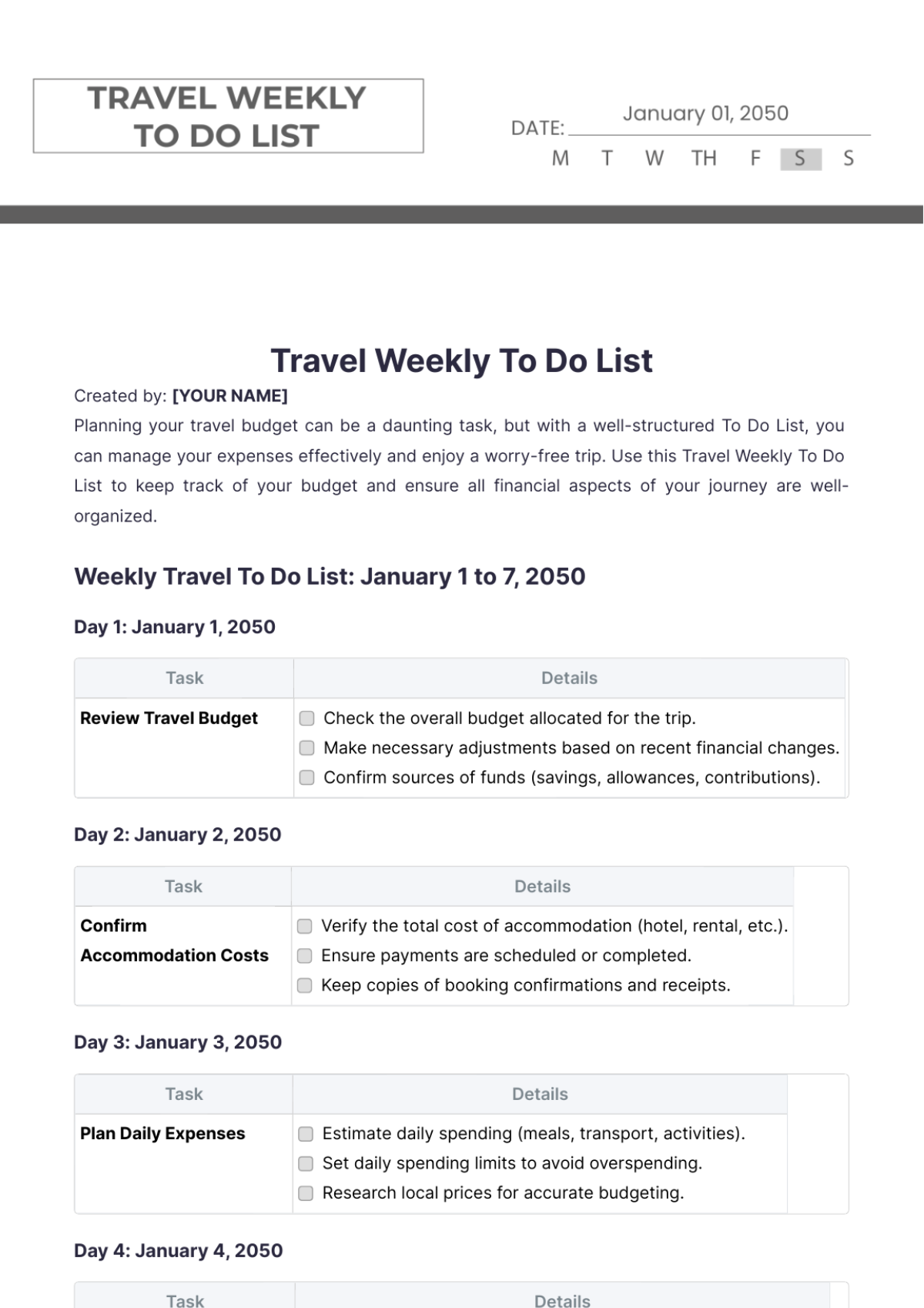 Travel Weekly To Do List Template - Edit Online & Download