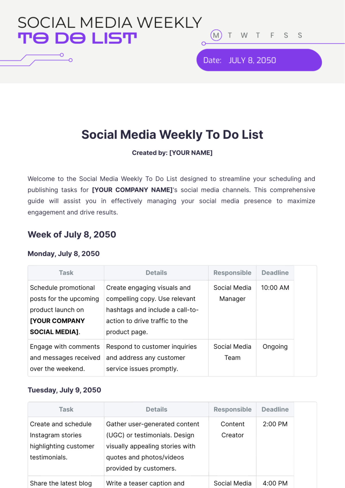 Social Media Weekly To Do List Template - Edit Online & Download