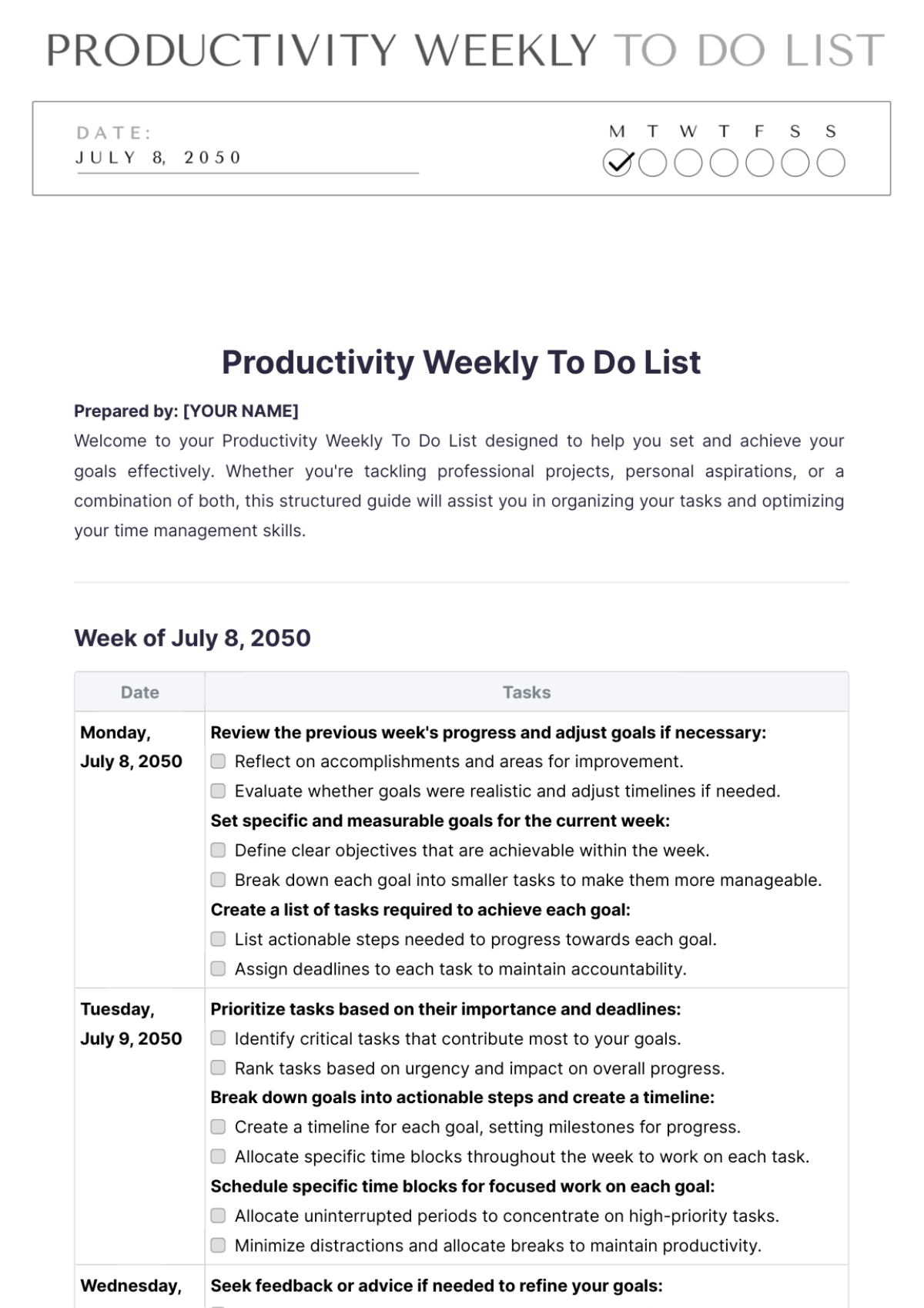 Productivity Weekly To Do List Template - Edit Online & Download