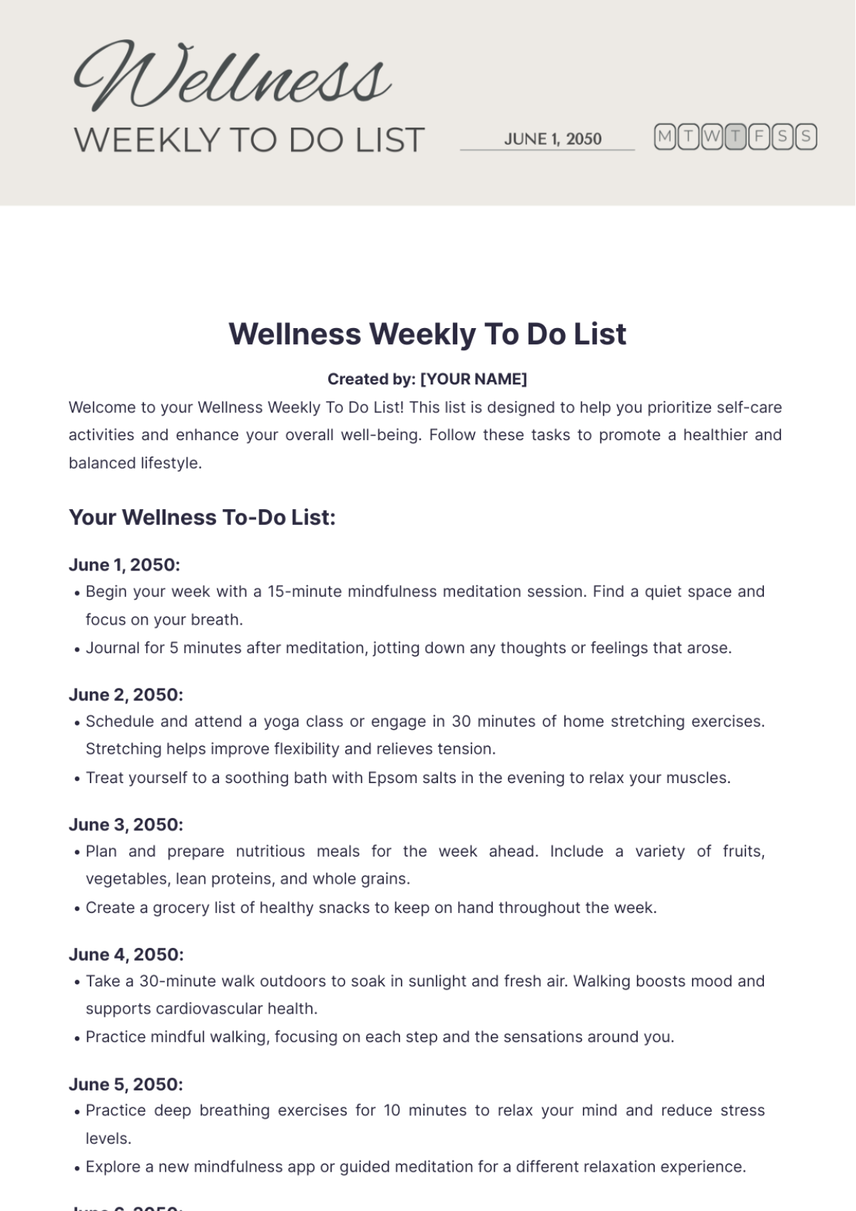 Wellness Weekly To Do List Template - Edit Online & Download