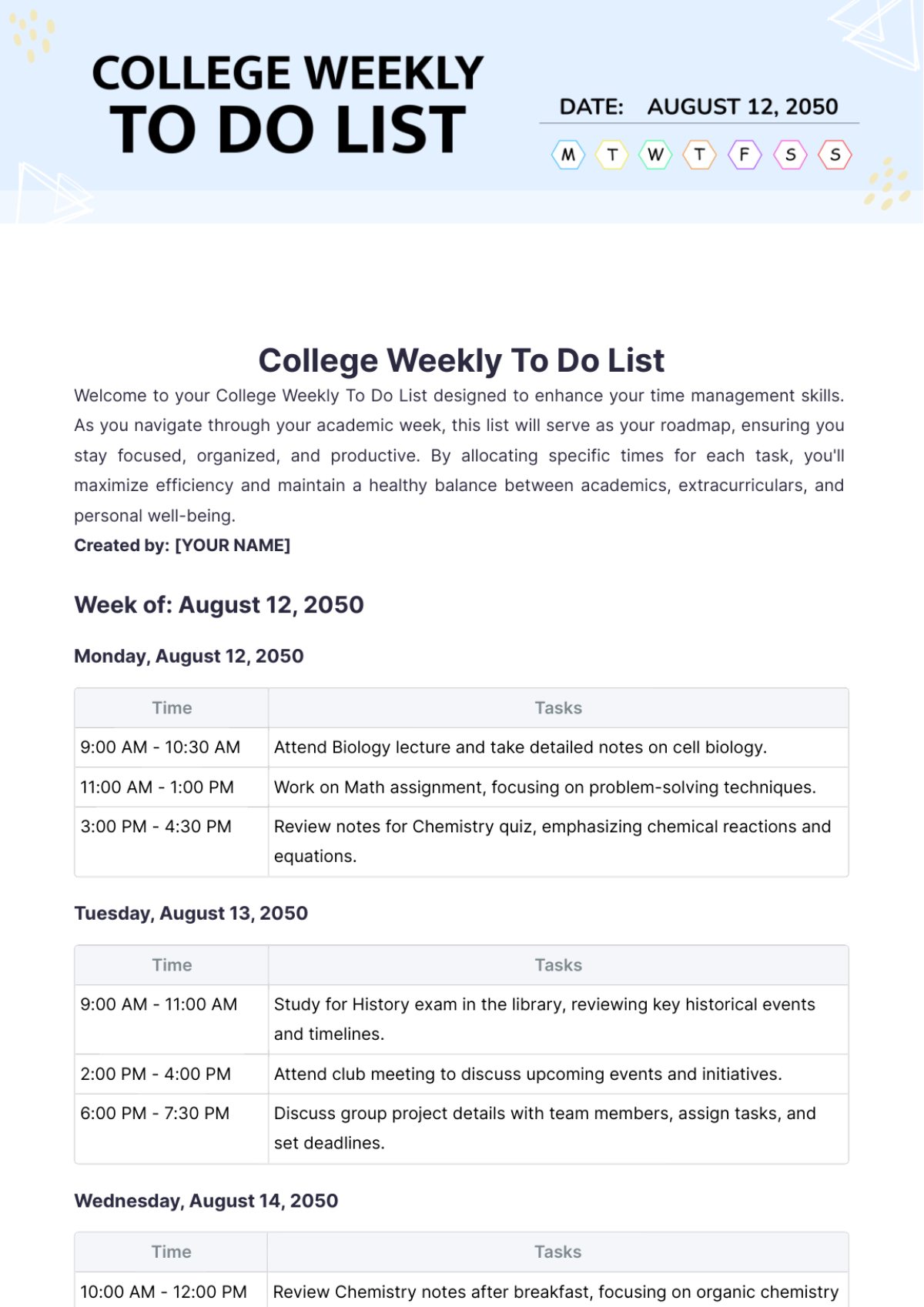 Free College Weekly To Do List Template To Edit Online