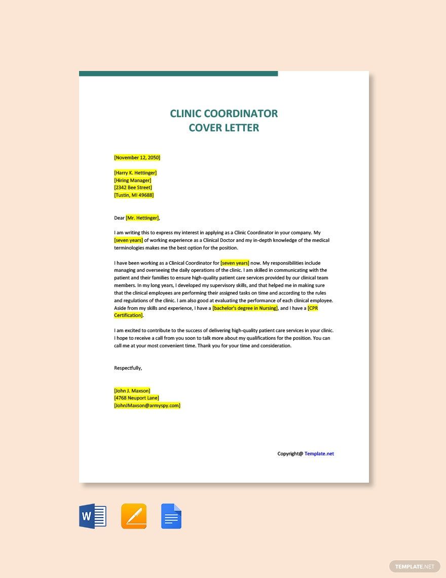 Free Clinic Coordinator Cover Letter Template