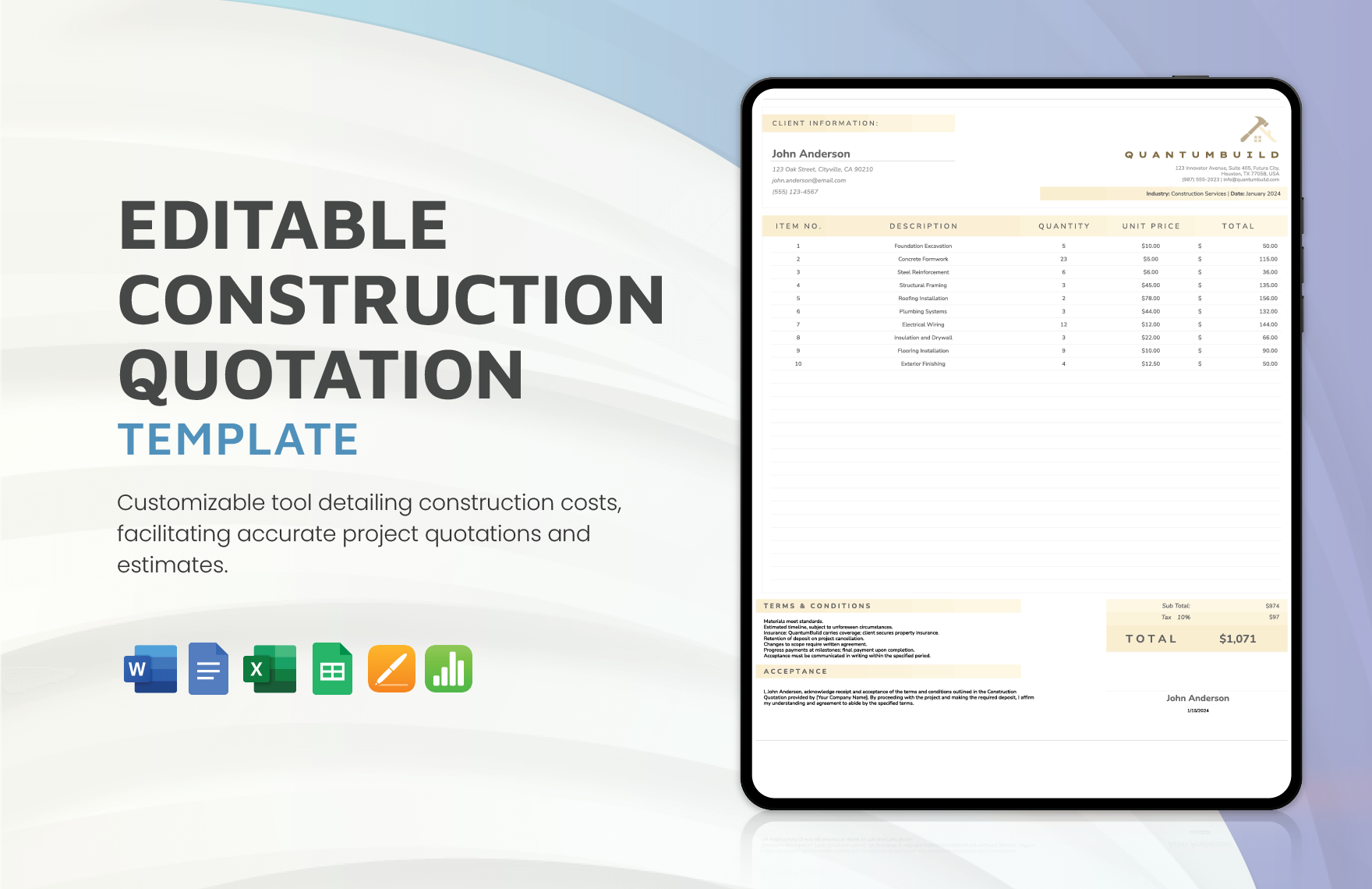 Editable Construction Quotation Template in Word, Google Docs, Excel, Google Sheets, Apple Pages, Apple Numbers