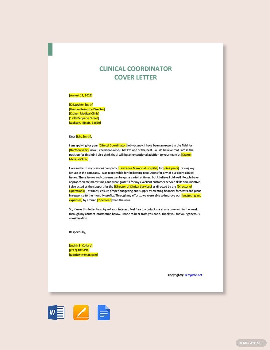 Free Clinical Care Coordinator Cover Letter Template Google Docs