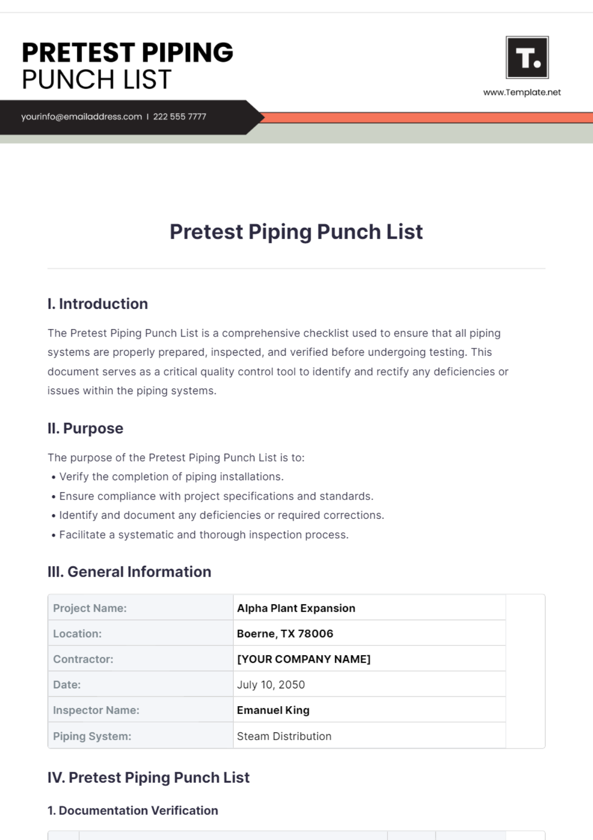 Pretest Piping Punch List Template - Edit Online & Download