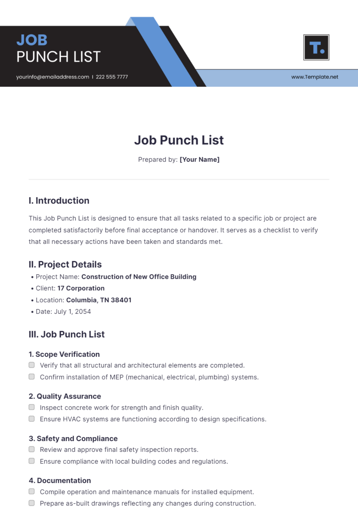 Job Punch List Template - Edit Online & Download