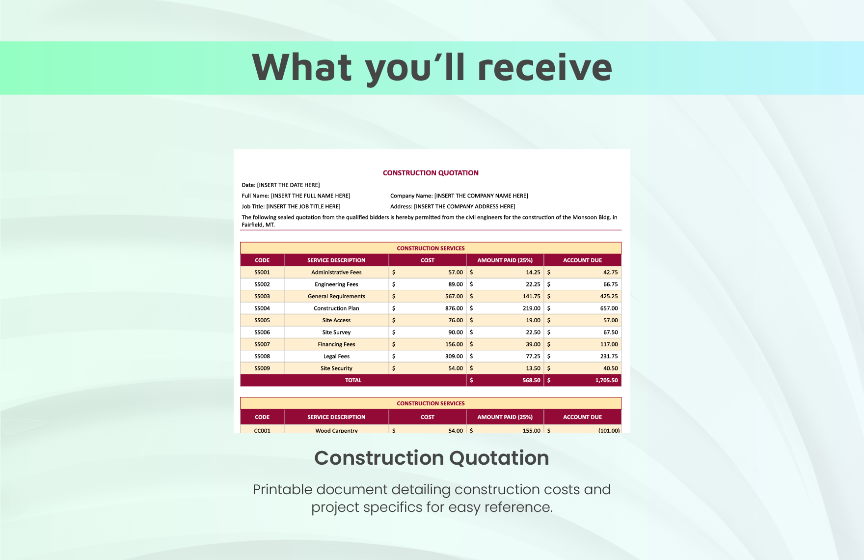 Printable Construction Quotation Template