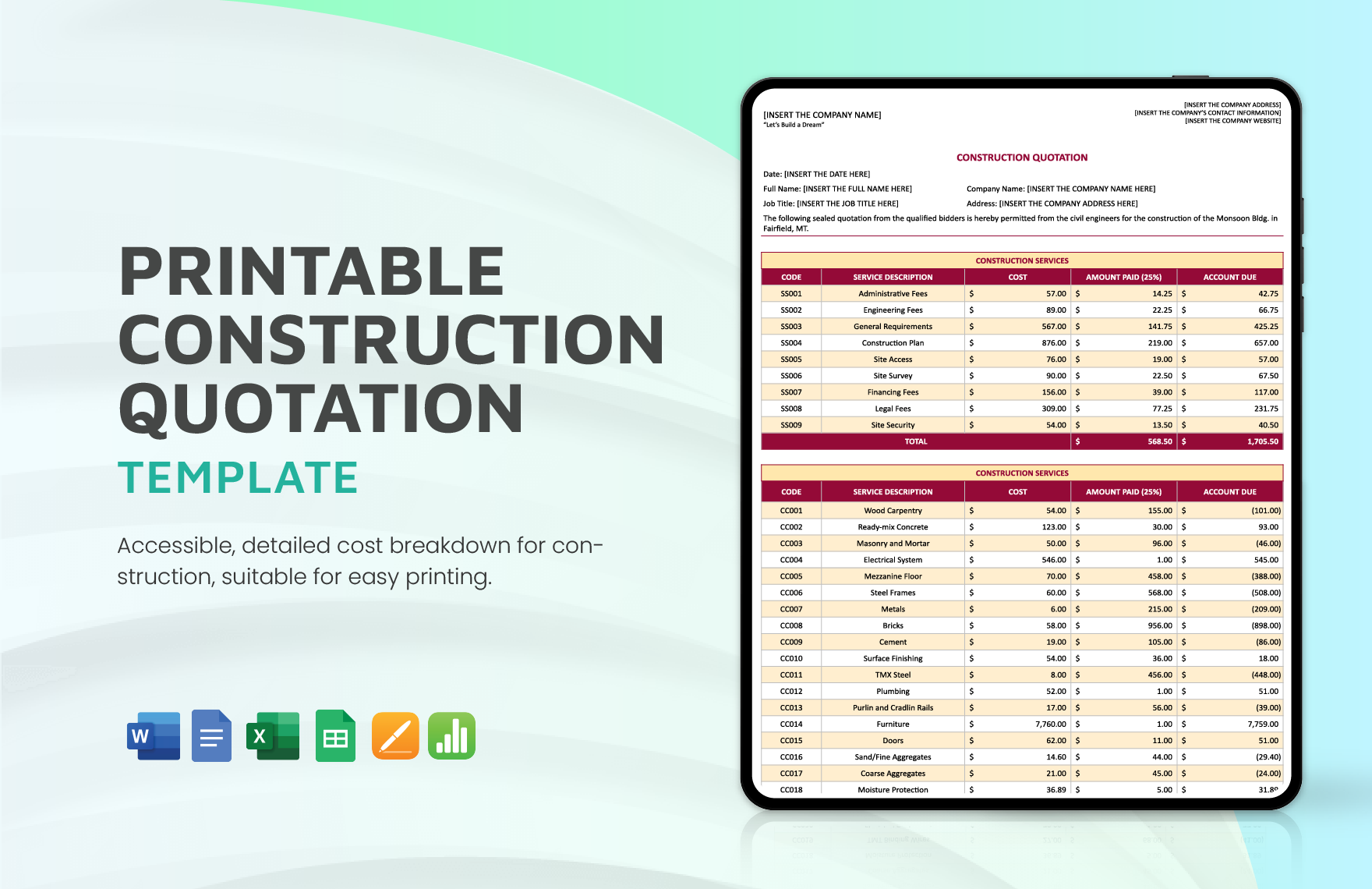 Printable Construction Quotation Template in Word, Google Docs, Excel, Google Sheets, Apple Pages, Apple Numbers