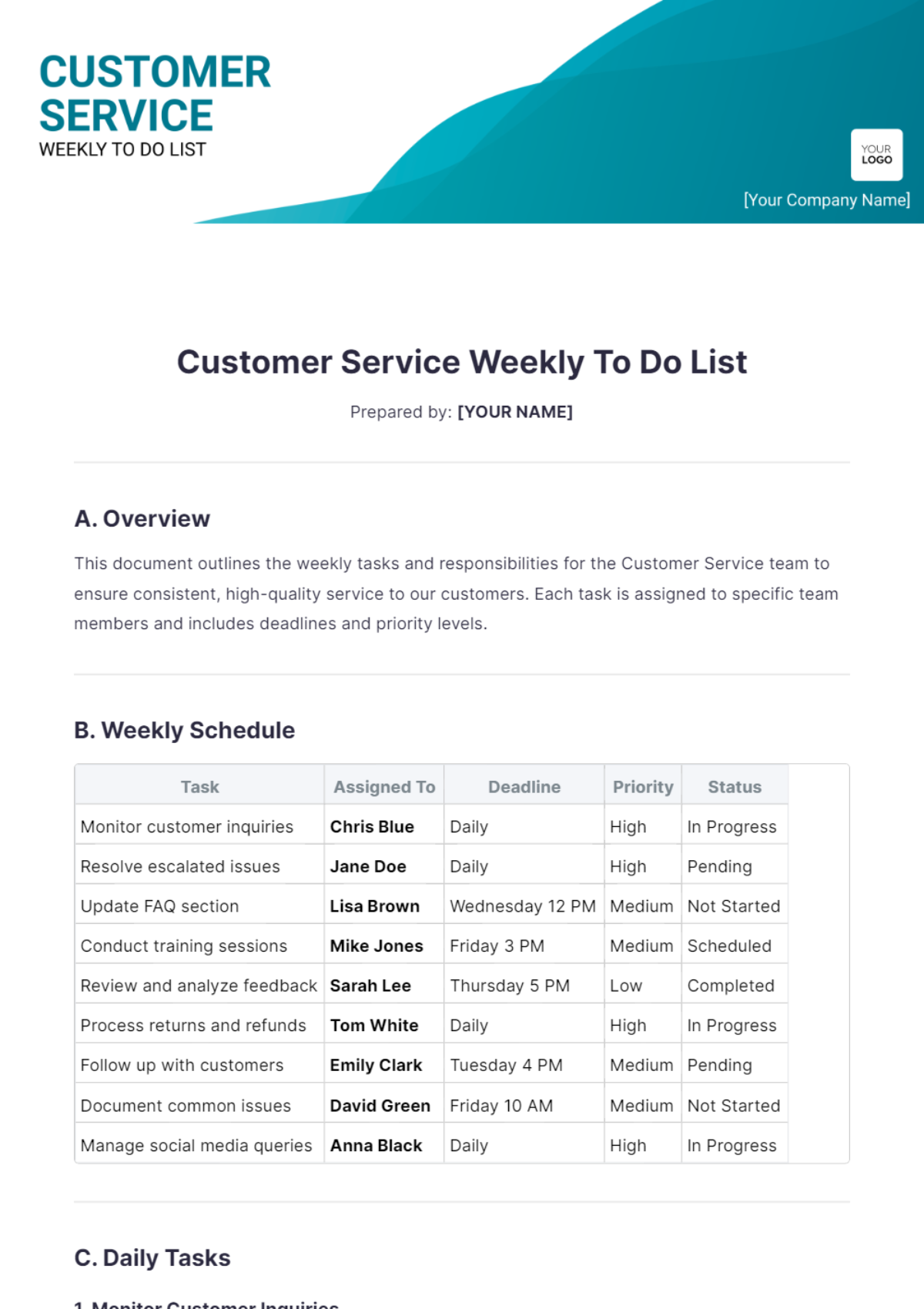 Customer Service Weekly To Do List Template - Edit Online & Download