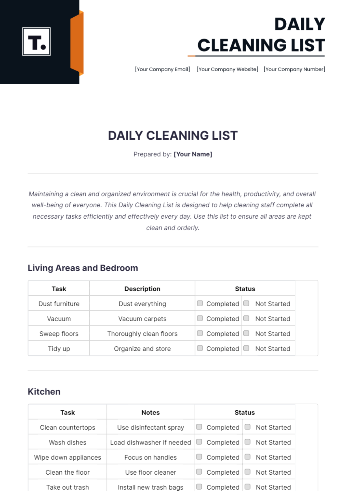 Daily Cleaning List Template