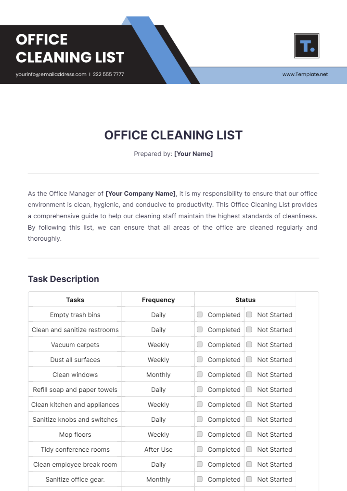 Office Cleaning List Template