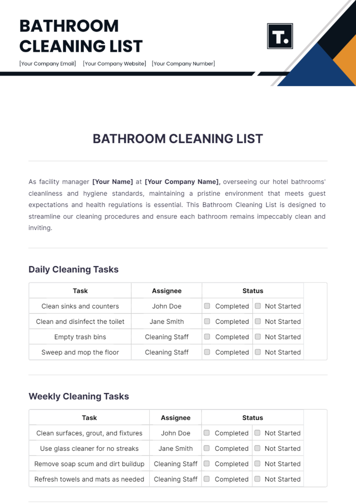 Bathroom Cleaning List Template