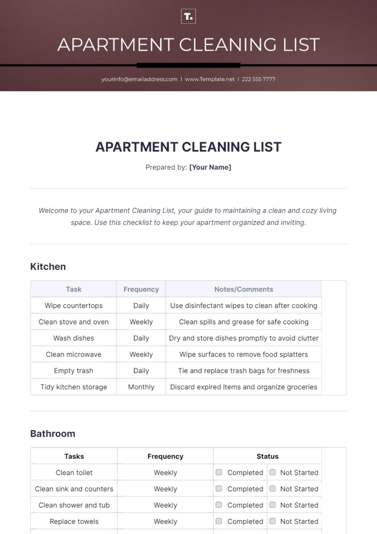 Apartment Cleaning List Template